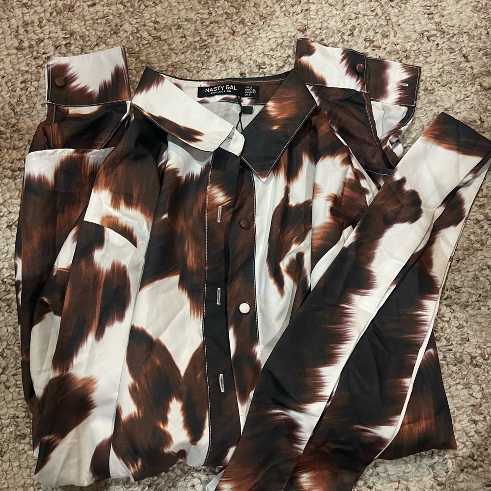 Nasty Gal Brown and White cow print Women's button up with tie belt